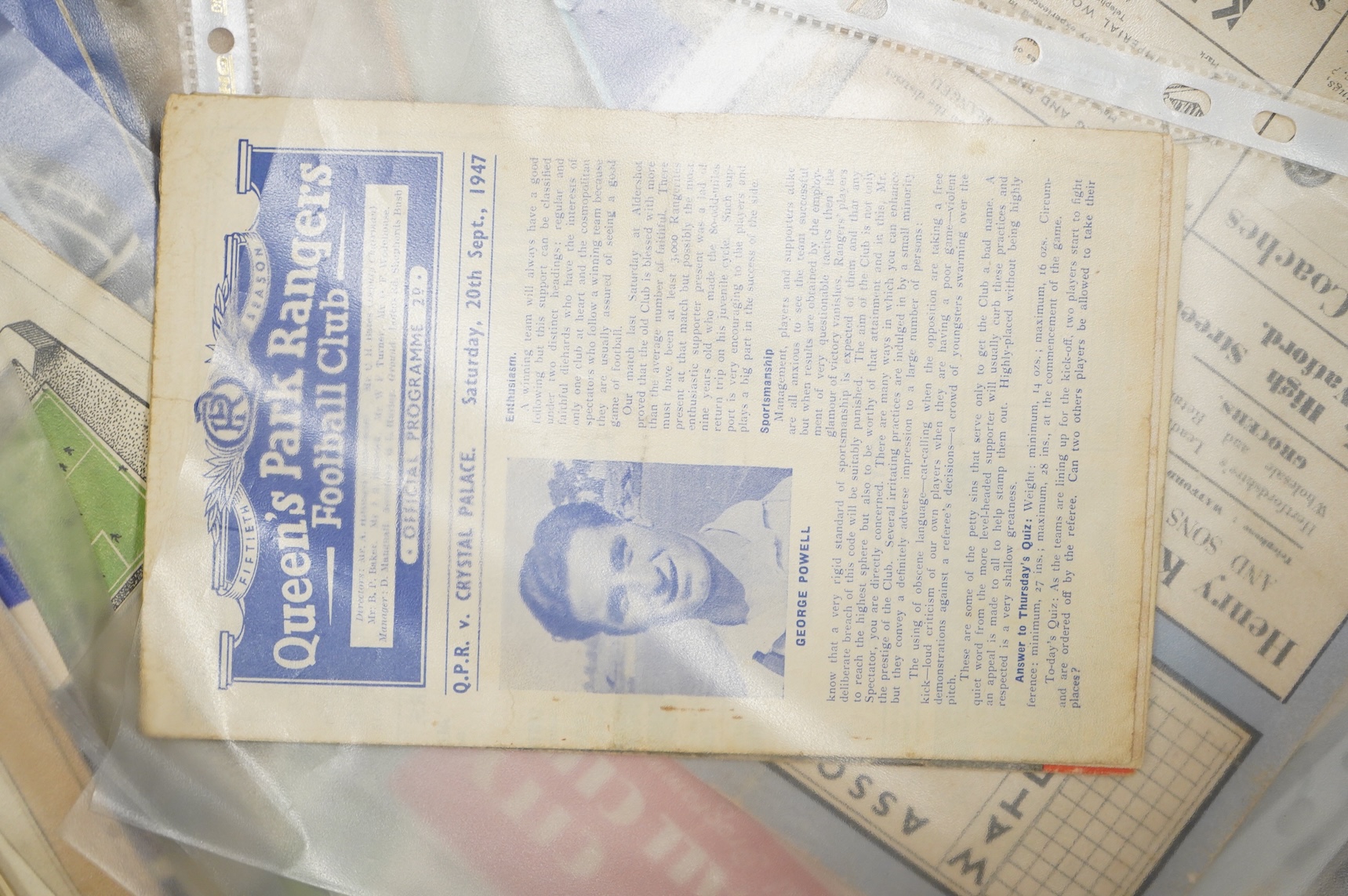 A collection of 1940s-70s football programmes, including Millwall, Fulham, Everton, Newcastle United, Crystal Palace, Leyton orient, Charlton Athletic, Brighton Hove Albion, Leicester City etc.
